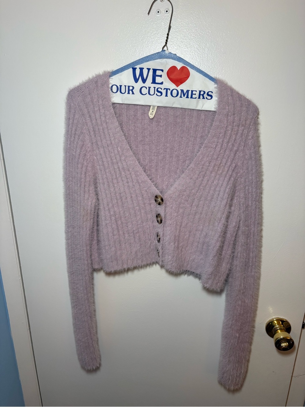 Sky and Sparrow Dusty Lavender Fuzzy V-Neck Cropped Cardigan